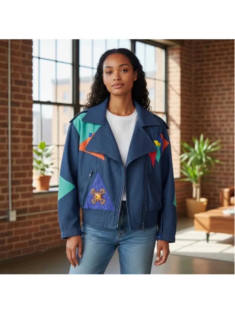 Vintage Alexis Krieghoff Embellished Denim & Suede Patchwork Moto Zip Bomber- L